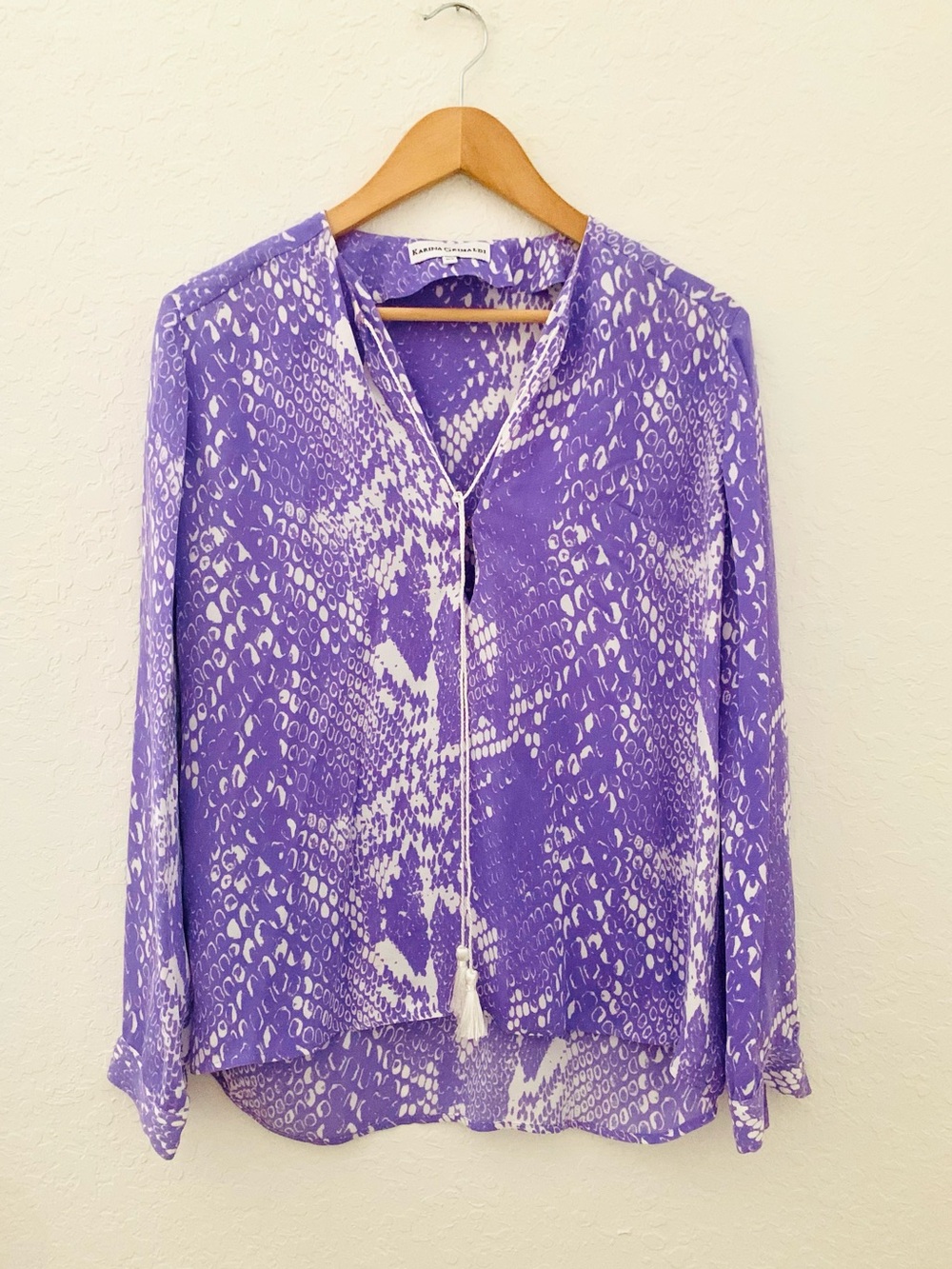 Karina Grimaldi Purple Snakeskin Pattern Tassel Tie Blouse